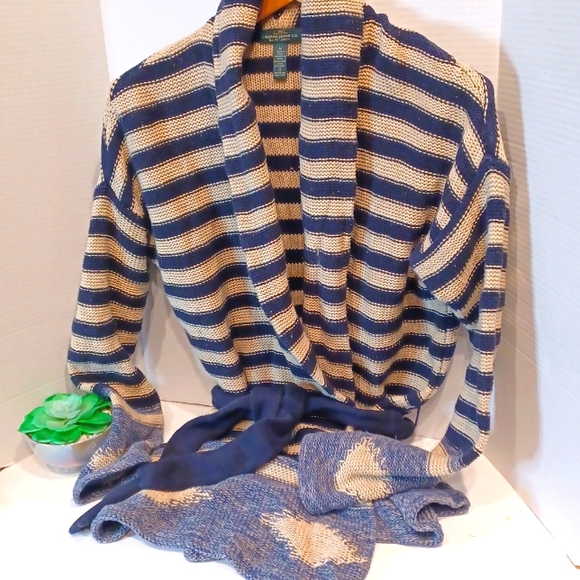 Lauren Ralph Lauren LRL Linen Cotton Blend Cardigan Belted Blue Striped Sweater - Picture 1 of 13